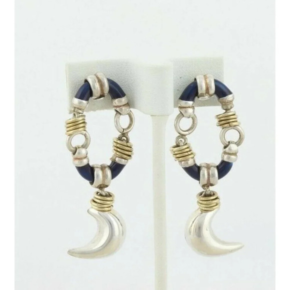 Sterling Silver Blue Crescent Moon Earrings Puffy Moon Dangle Drop Earrings - Picture 4 of 6